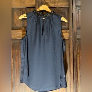 Rebecca Taylor Navy silk‎ Sleeveless Blouse with Embellished Neckline